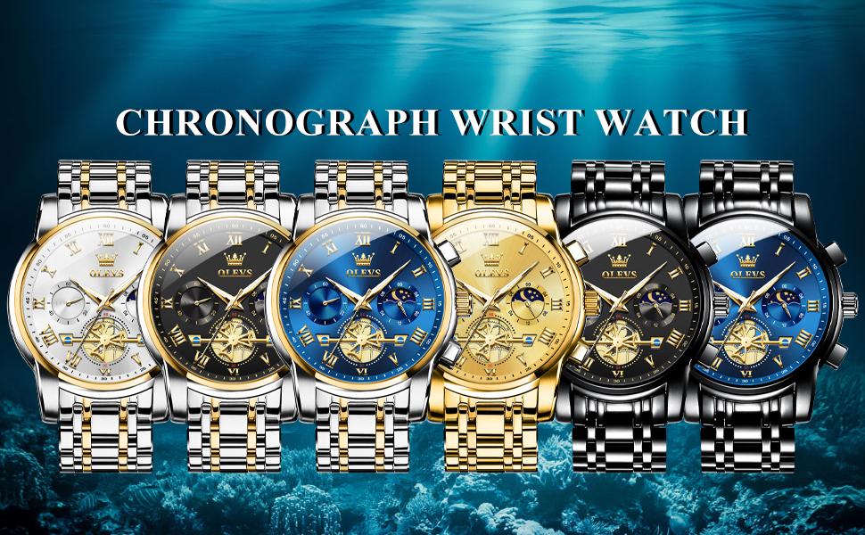 OLEVS Men's Chronograph Quartz Watch G2859 Stainless Steel Waterproof Luminous Date with Luminous Hands, 41 mm Diameter, 20 mm Band Length Casual Trendy Wristwatch