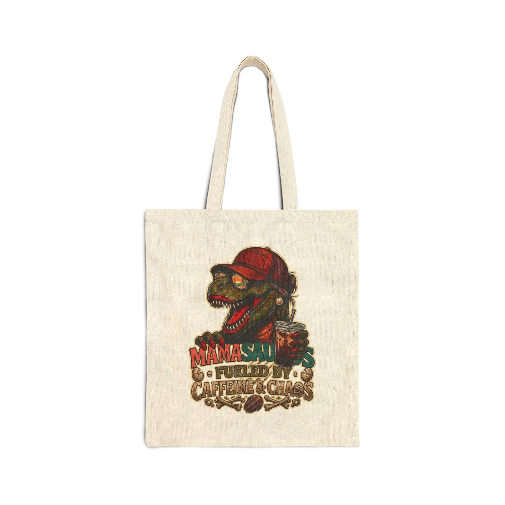 Tote Bag - 'Mamasaurus Fueled By Caffeine & Chaos' - Vintage Dino Canvas Grocery Tote