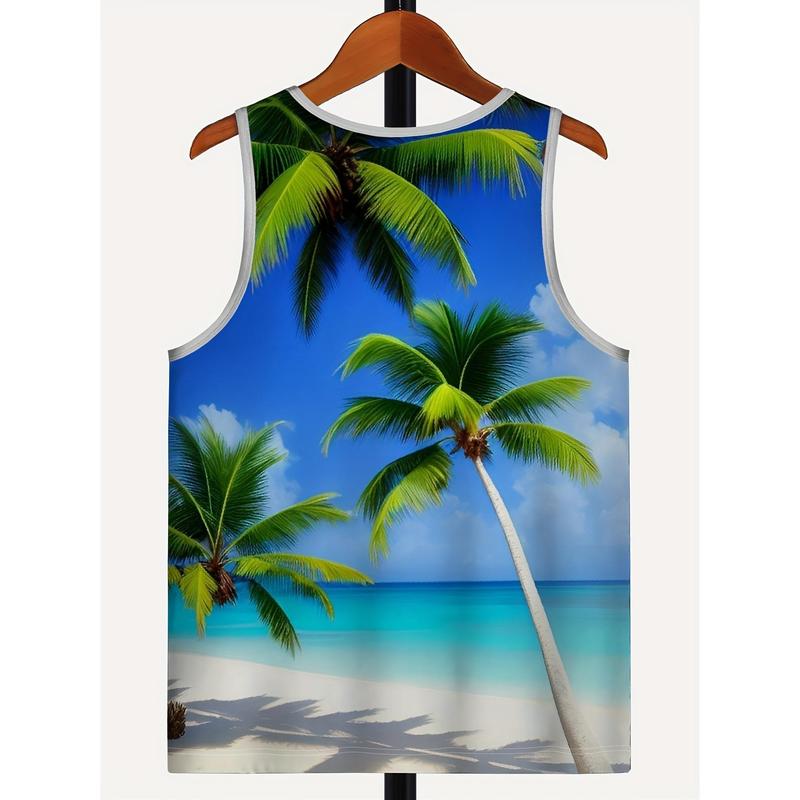 Men'S Hawaiian-Style Tropical Beach Coconut Tree 3D Print Sleeveless Tank Top - Color Block, Summer Vacation Tee, Beach Fit, Adult, Beach Vacation Apparel |   Vibrant Print Top |   Comfortable Fit Top, Beach Clothing