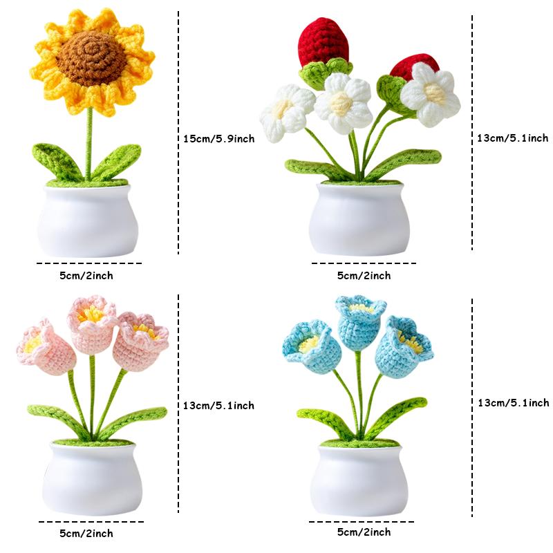 TTZZ Handmade Crochet Bouquet Potted Flowers - Artificial Flower with Exquisite Pot Decor, Knitted Design, Includes Fruit Decoration, Gift Ornaments