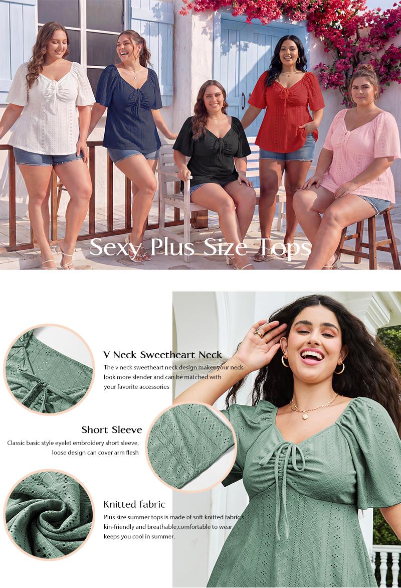 Eytino Womens Plus Size Tops Sweetheart Neck Short Sleeve Eyelet Embroidery Summer Loose Peplum Shirts(1X-5X)