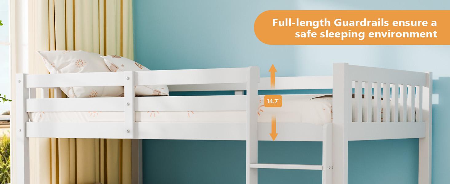 JOYMOR Solid Wood Low Twin Over Twin Bunk Bed for Kids/Junior, Bunk Bed Frame with Guardrails & Ladder for Boys Girls, No Box Spring Needed