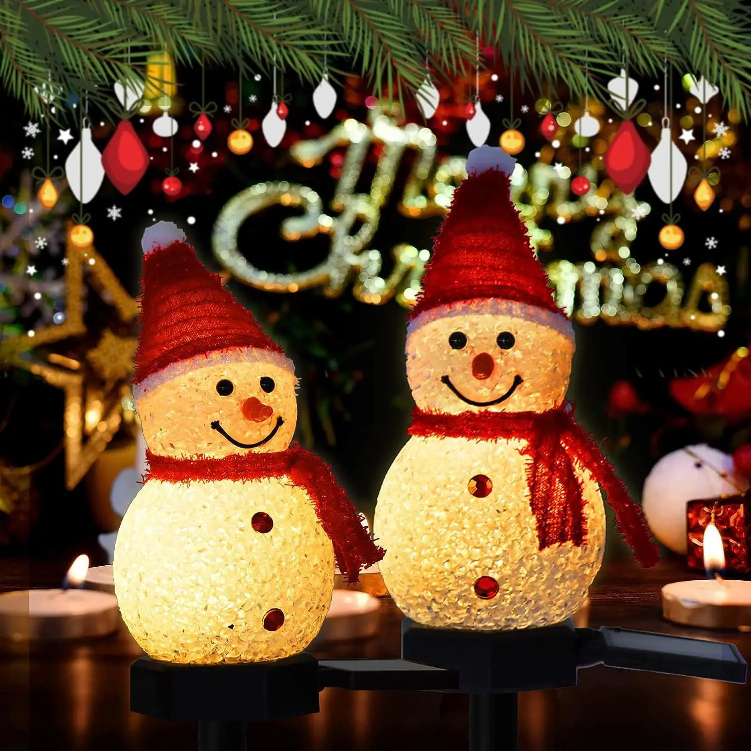 Solar-powered snowman ground lights, Christmas atmosphere night lights, garden decoration set, LED snowman lights, IP65 waterproof, energy-saving and environmentally friendly