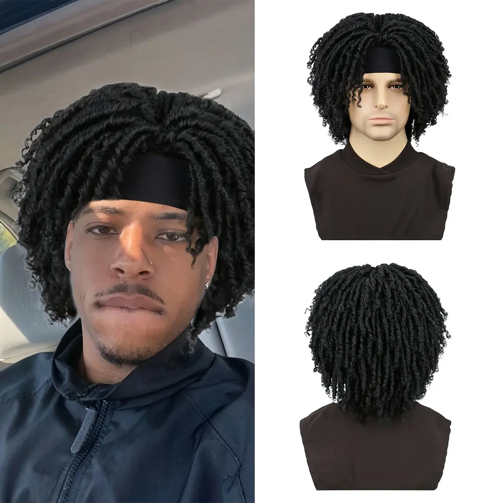 Men's Synthetic Curly Wig - 6-in Sports Headband Faux Locs Braiding Wig, Braided Twists Design for Everyday Wear, Synthetic Curly Wigs
