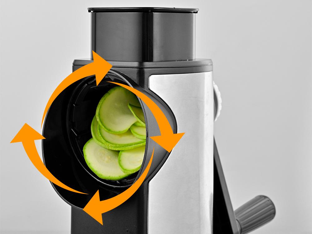 SUSTEAS Stainless Steel Rotary Cheese Grater with Handle - Comes with 5 Blades, Powerful Suction Cup Base, Comes with Blade Storage Box Cutlery Kitchen Utensil Vegetable Cutting Slicer Vegetable Cutter