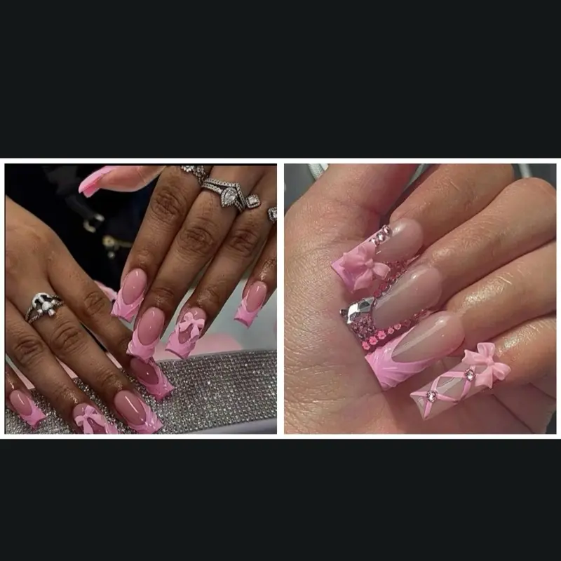 24 Medium Length Square Press Nails with 3-D Bows and Flower Design = art=%2=--=%2=- press-on=%2=----=%2=- nail=%2=-- press-on nail 3d charms coffin nail