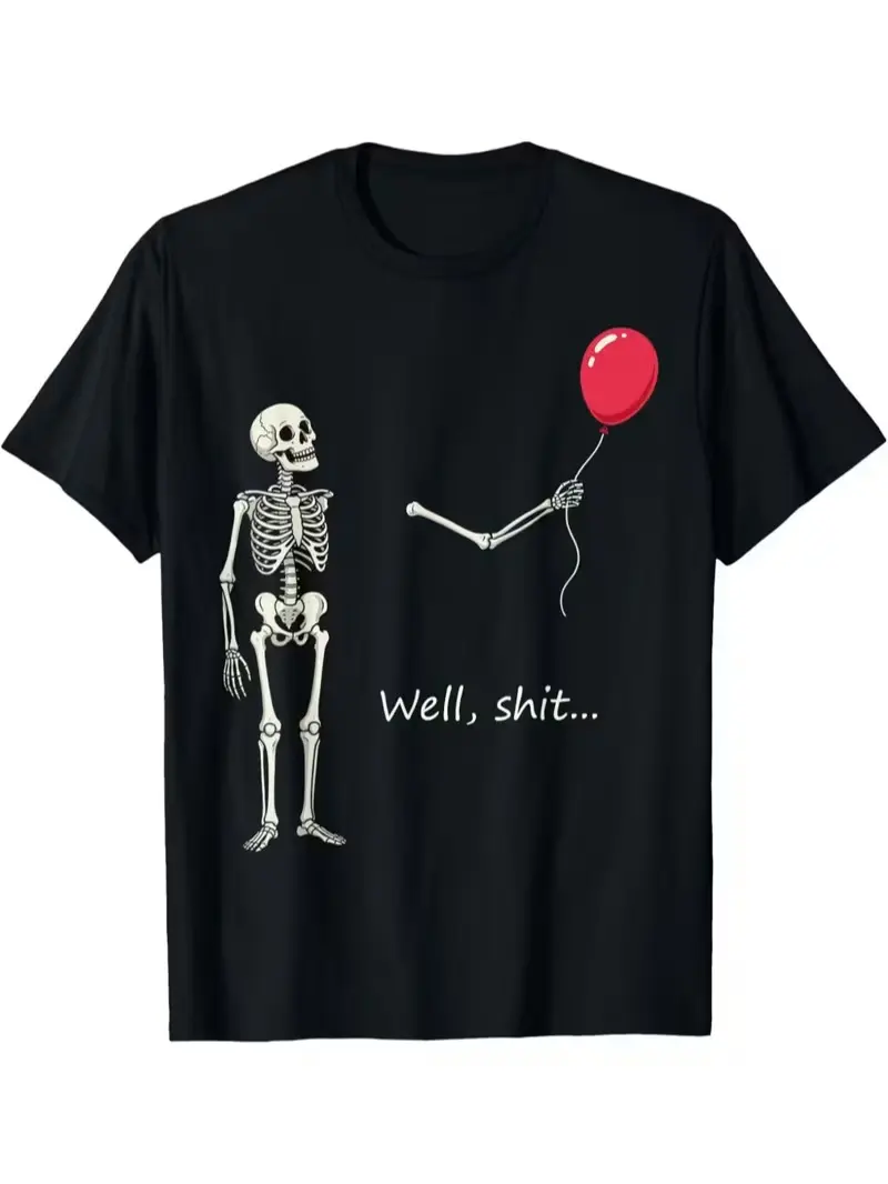 Unisex Skeleton Lost Balloon "Well Shit" Funny Quote Crew Neck Menswear Tee - All-Season, Loose Fit, Breathable Short Sleeve Tshirt for Casual Everyday Wear