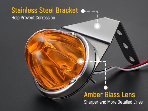 Partsam 2Pcs Amber Glass Lens Watermelon Lights with Stainless Steel Bracket, Amber LED Watermelon Mirror Turn Signal Lights Replacement for Kenworth Peterbilt Freightliner