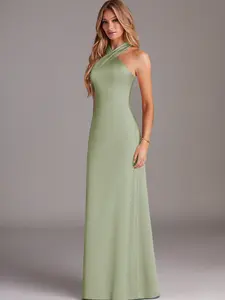 Azazie Doretta Mermaid Halter Pleated Bow Evening Wedding Guest Stretch Satin Dress