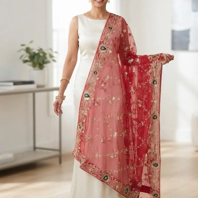 Luxury Dupatta with Gold Floral Embroidery - Premium Traditional Ethnic Scarf for Lehenga, Anarkali & Kurta Sets