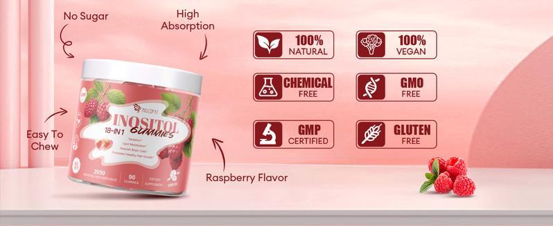 Migcopat Inositol Multivitamin Gummies 18-in-1 Formula with Myo-Inositol & D-Chiral Inositol 40:1 Ratio Omega-3,Magnesium,Folate Raspberry Flavor Sugar-Free 90 Count Healthcare Dietary Supplement - Edible Fitness