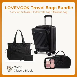 All Black Top Luggage & Laptop Tote Bag & Travel Makeup Bag for Women