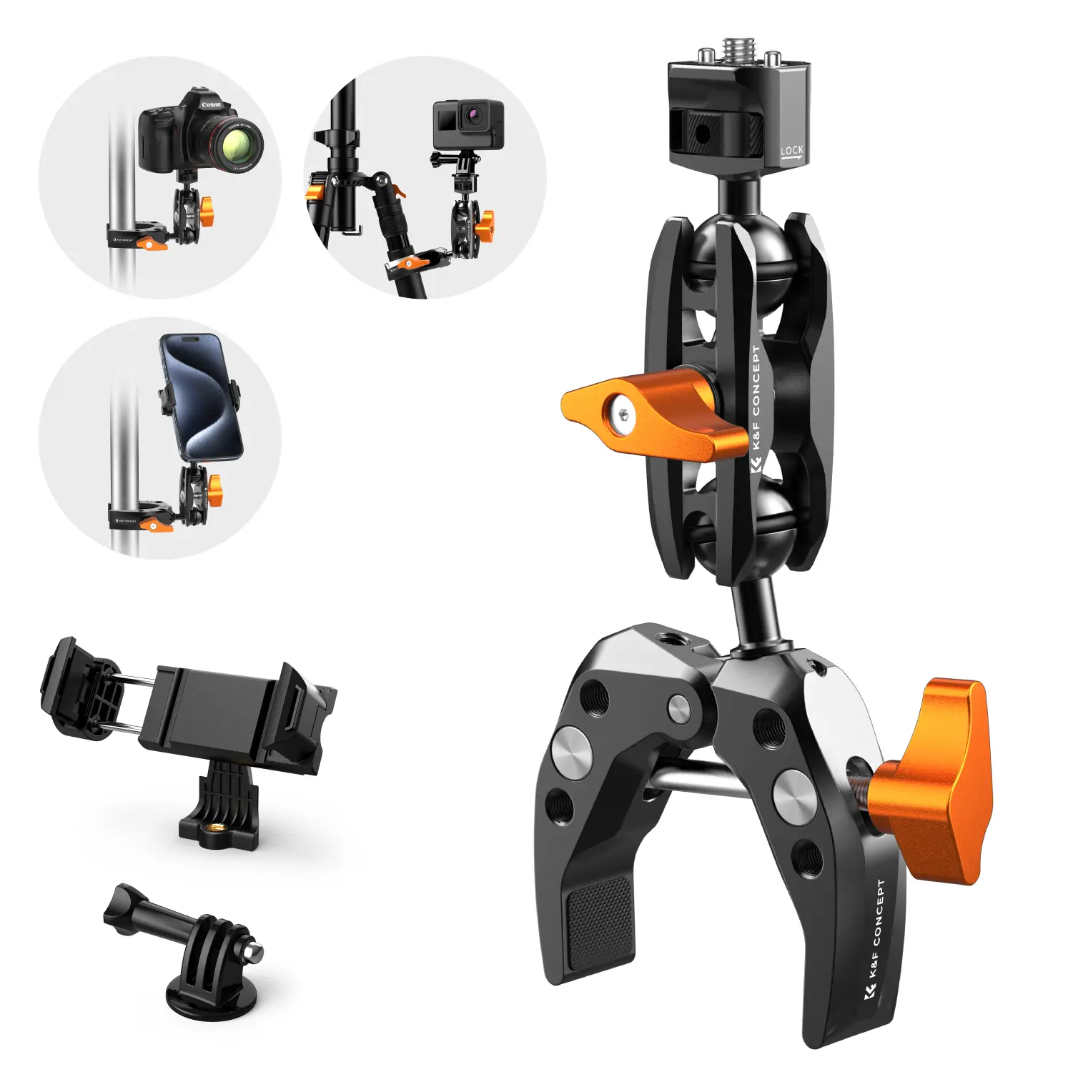 K&F CONCEPT Camera Super Clamp Mount with Magic Arm, 2 x 360° Ball Heads, 1/4" Thread & 60mm Clamp, ARRI-Compatible for DSLR, Action Camera, Tripod, Smartphone Accessories, Digital Camera
