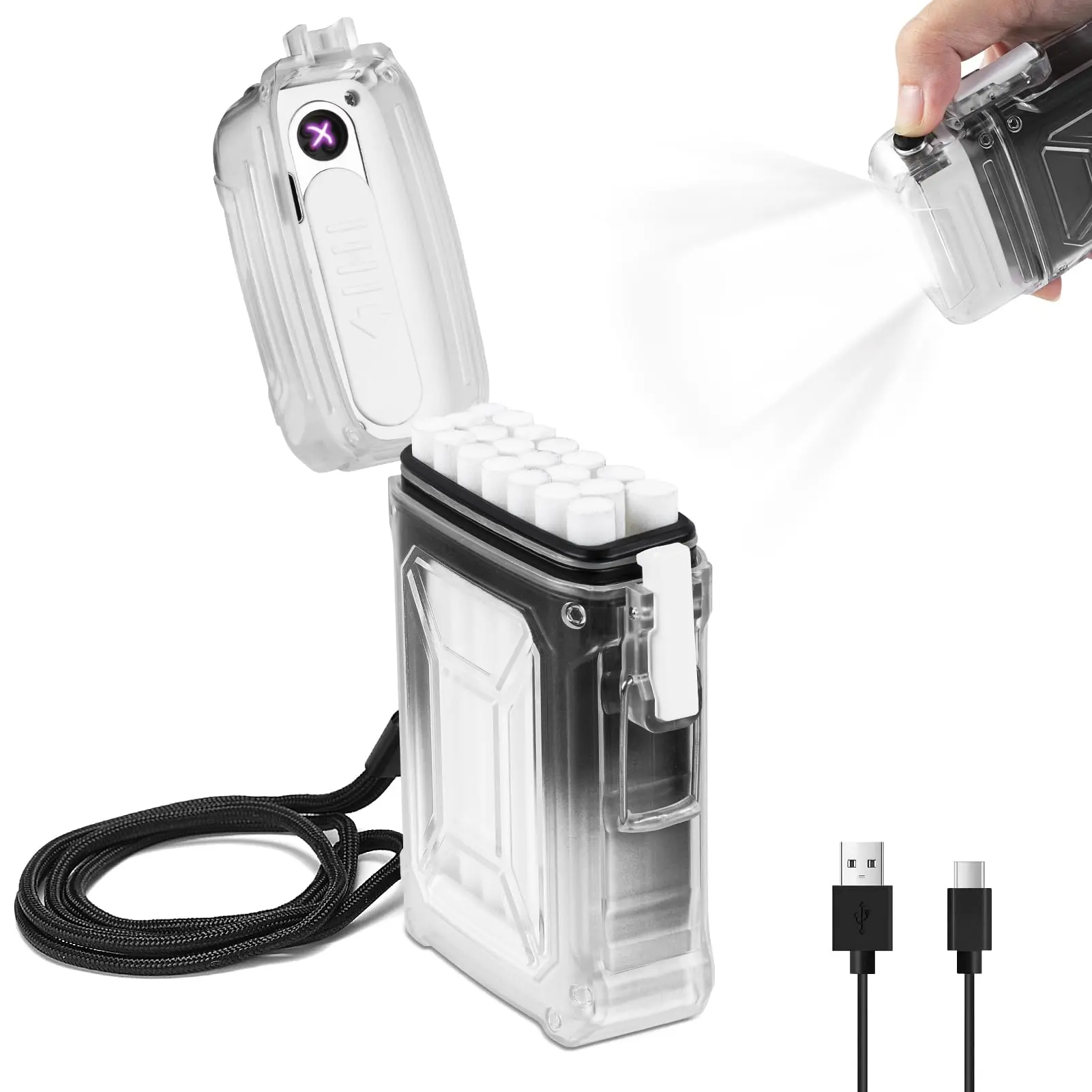 Outdoor Portable Waterproof Lighter Case, USB Charging Lighter Box with LED Flashlight, Windproof Lighter Case for EDC Camping Hiking, Tactical Gear for Men