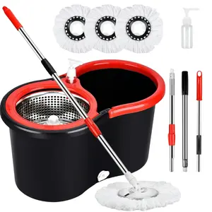Spin Mop Bucket with Wringer Set, Operable 360 °   Rotating Mop Bucket Set, with 3 Microfiber Replacement Head ,Stainless Steel Mop Bucket 61 Inch Adjustable Handle Household Cleaning Tools Black Plastic