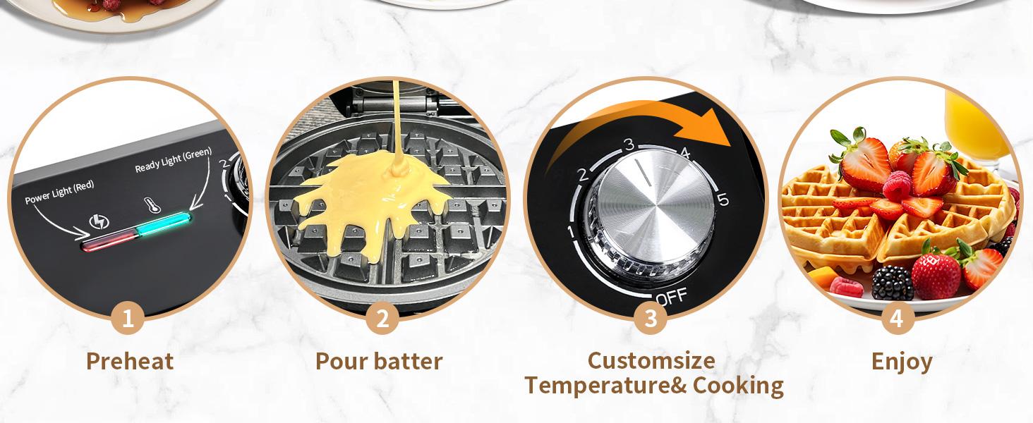 YASHE Double Waffle Maker 6 Inch 1400W Belgian Waffle Maker with Nonstick Plates, Temperature Knob & Cool-Touch Handles
