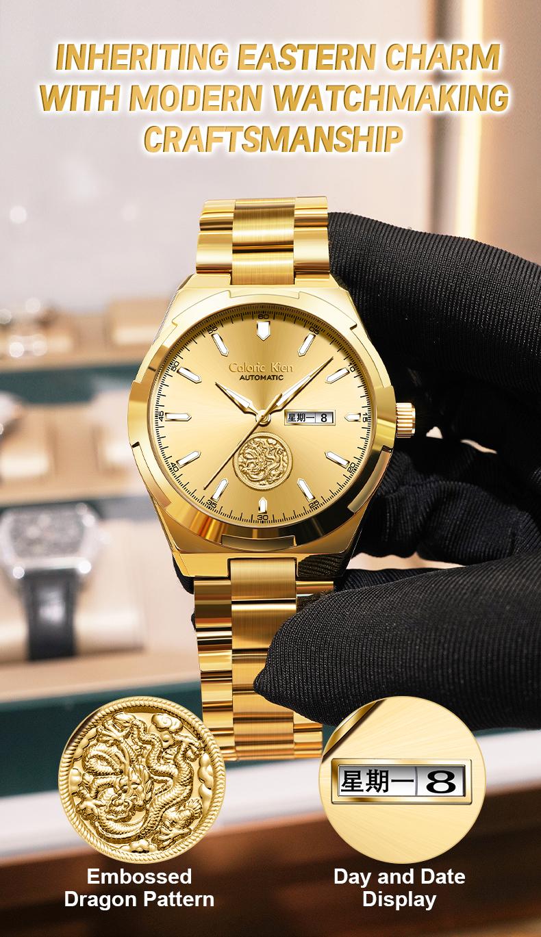 Calonic Kien Men's Luxury Swiss Automatic Gold Watch with Dual Calendar 42mm Stainless Steel Band Luminous Display Water Resistance Buckle