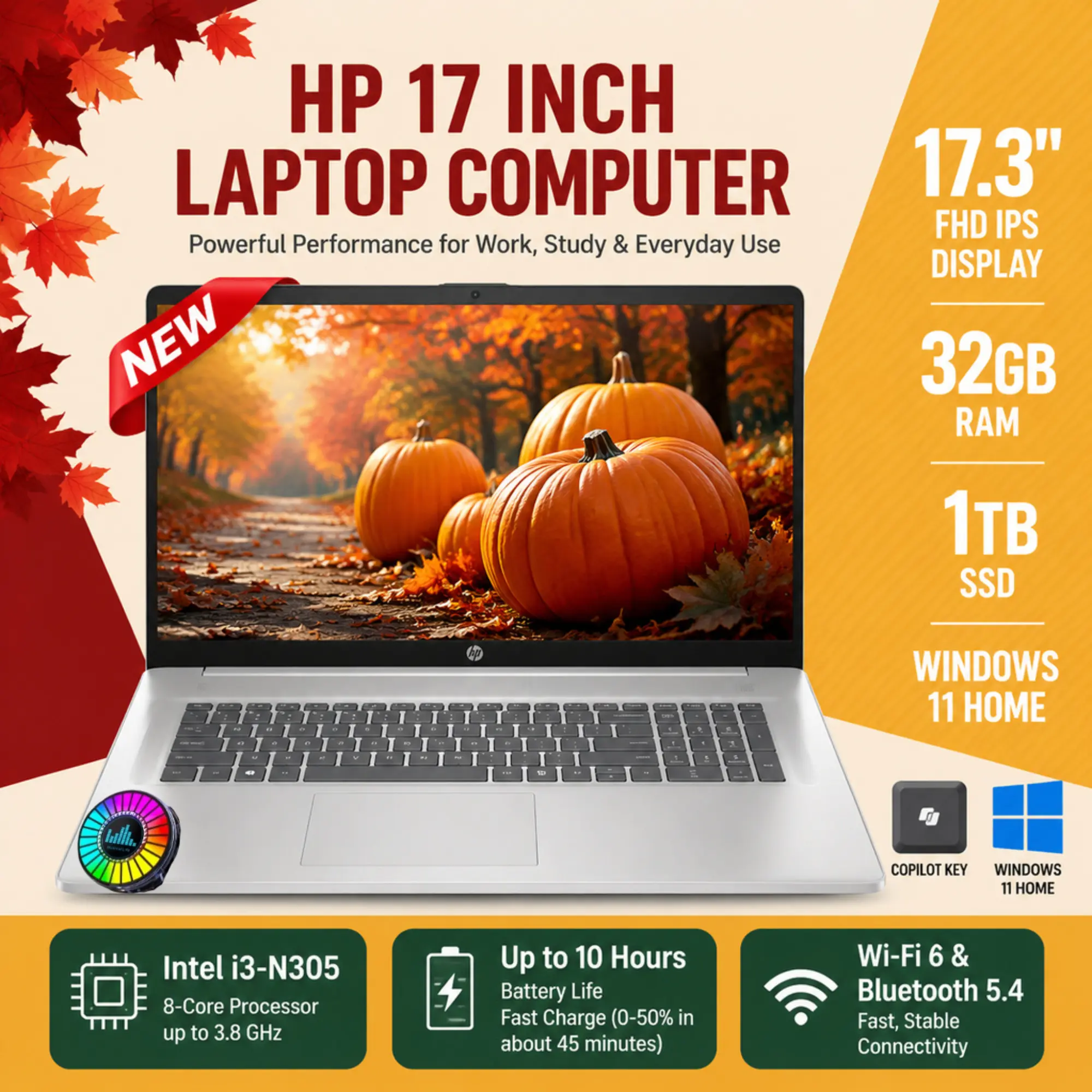 HP 17.3" FHD IPS Laptop, 8‑Core Intel i3‑N305, Up to 32GB RAM 1TB SSD, Windows 11 Home, Fast Charge, WiFi 6 Bluetooth 5.4 HD Webcam, Bundle Accessories Included, for Student & Business