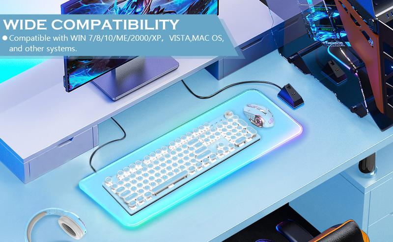 XINMENG Wired Pink Typewriter Keyboard and Mouse Combo,Retro Vintage Mechanical Gaming Keyboard with White LED Backlit,104 Keys Anti-Ghosting Blue Switch Cute Keyboard,Round Keycaps,4 Color Backlit Mouse,Pink Mousepad for Desktop PC/Laptop Mac