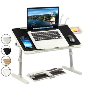 PHANCIR Adjustable Lap Desk with 3 USB Ports , Laptop Stand Bed Tray with Mini Fan/Light, Foldable Laptop Desk with Storage Drawer