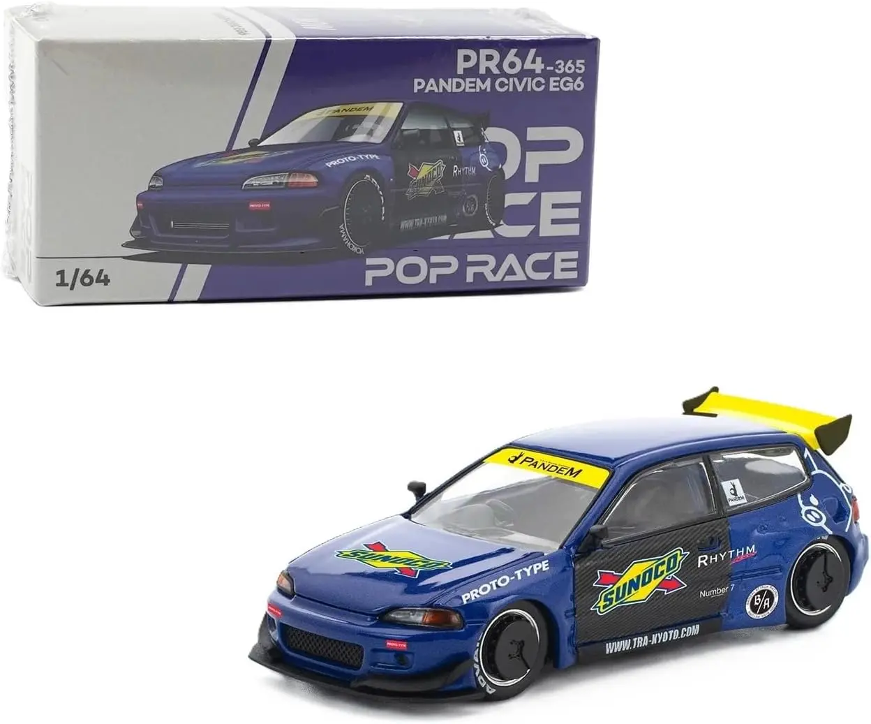 Pop Race 1:64 Official Licensed Honda Civic (EG6) PANDEM Blue Alloy Diecast Model Car, Limited Ed. PR640365, Collectible Model Car with Accurate Engine Detail View, Diecast Model Cars