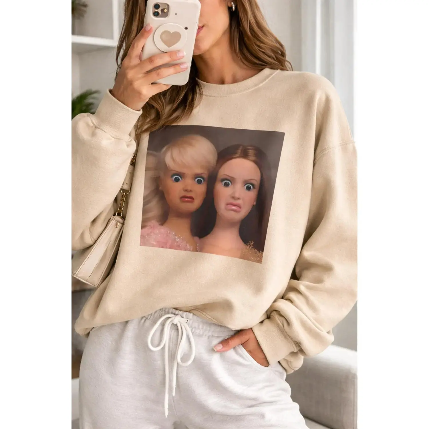 Funny Retro Doll Face Crewneck Sweatshirt — Barbie Meme Crewneck