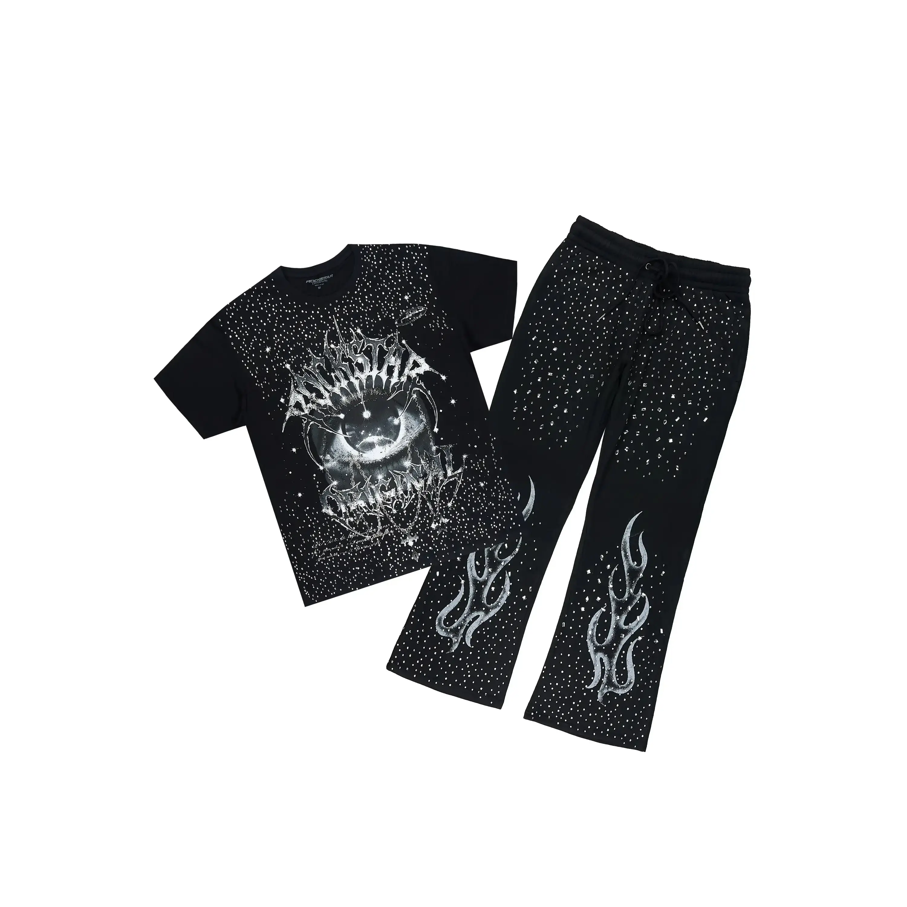 Malykz Black/Black Rhinestone T-shirt/Stacked Flare Track Pant Set