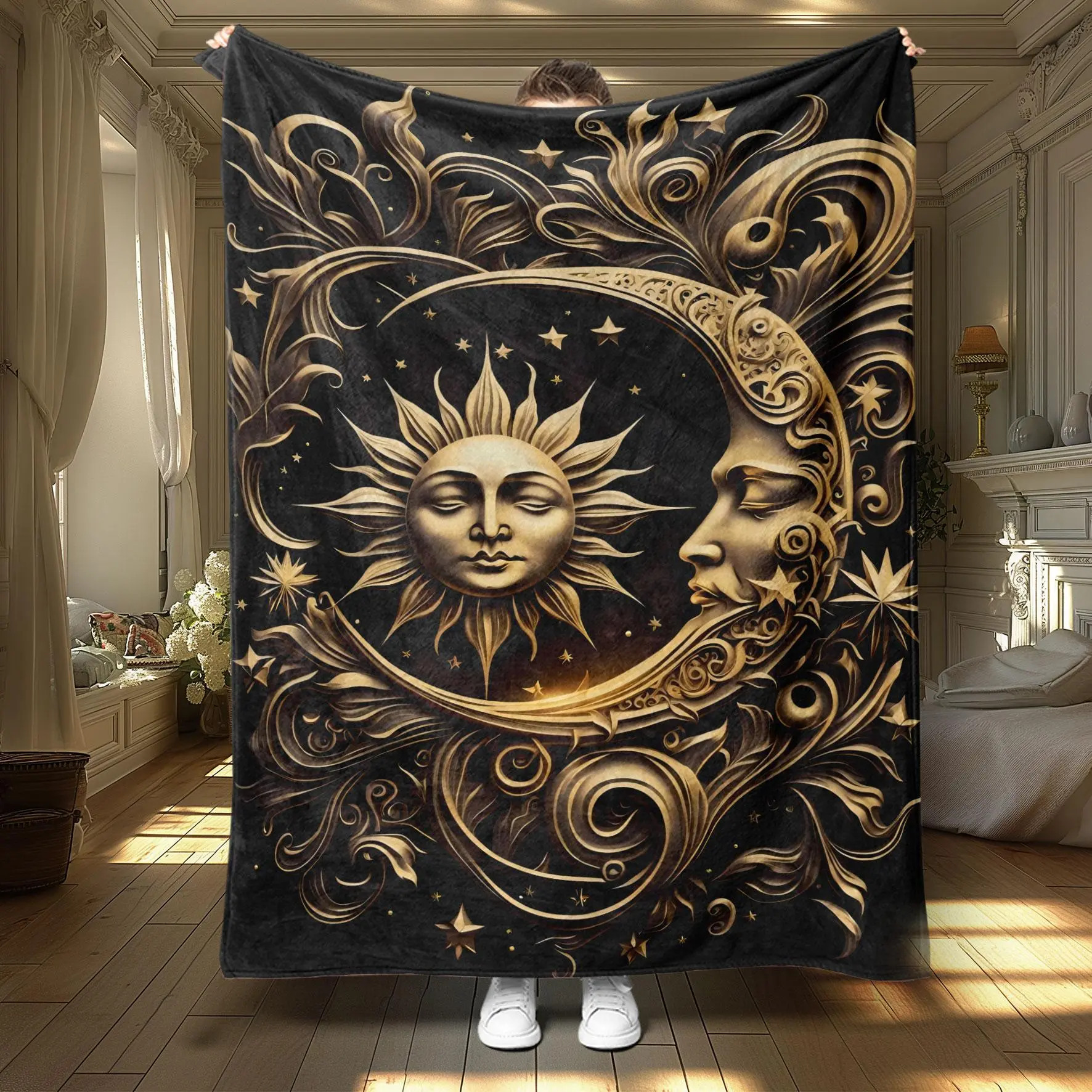 Sun & Moon Pattern Blanket, Soft Throw Blanket, Thickened Flannel Blanket, Air-Conditioned Room Blanket, Warm Nap Blanket For Home Office Travel Camping
