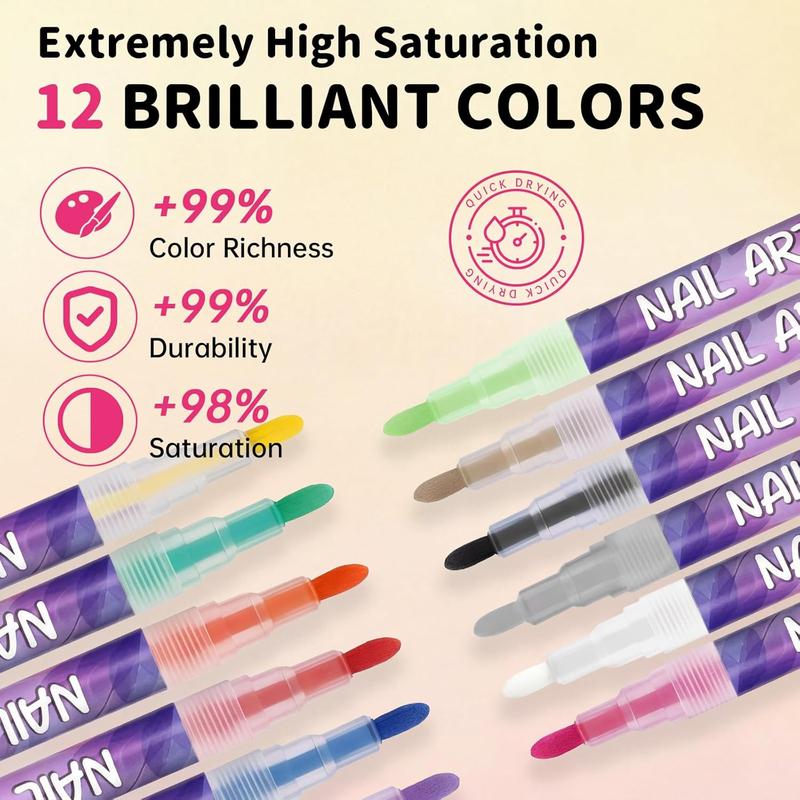 Quick-Dry & Gentle Nail Art Pens - 12 Color Set with 0.7mm Fine Tip, No Shake Formula for Smooth Lines & 3D Art, Smudge-Proof & Easy to Use for Beginners