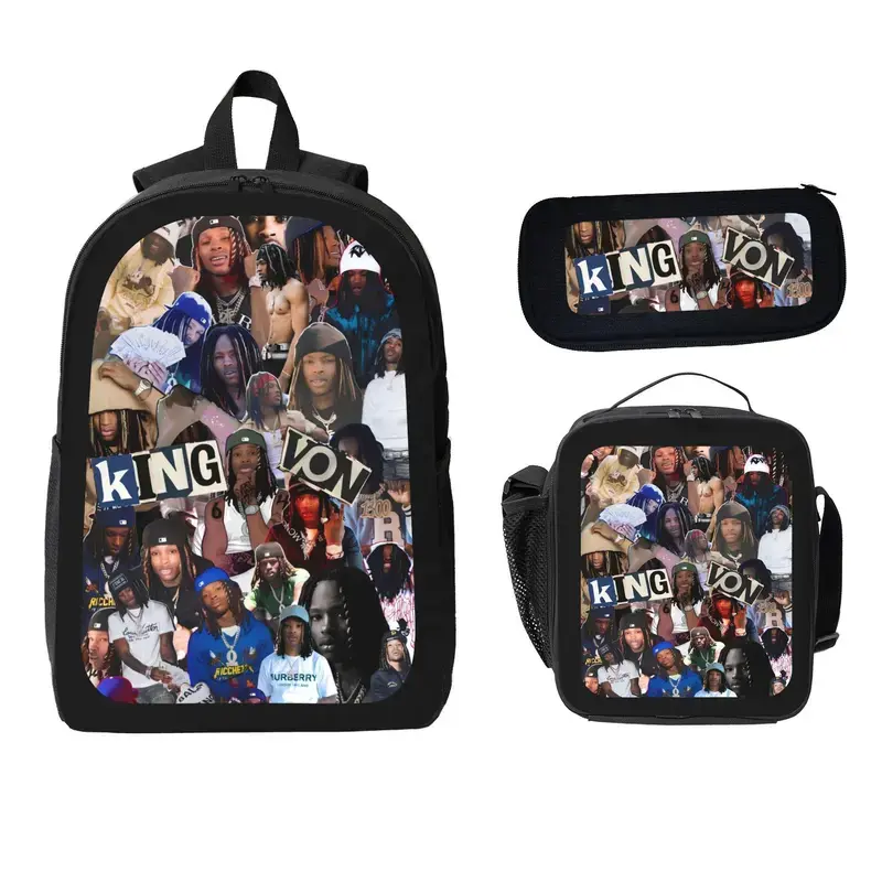King Von Theme 3-Piece Backpack Set - Student Backpack, Pencil Case, Lunch Bag Bundle, Convenient Carry Complete Solution for Daily School Books & Essentials