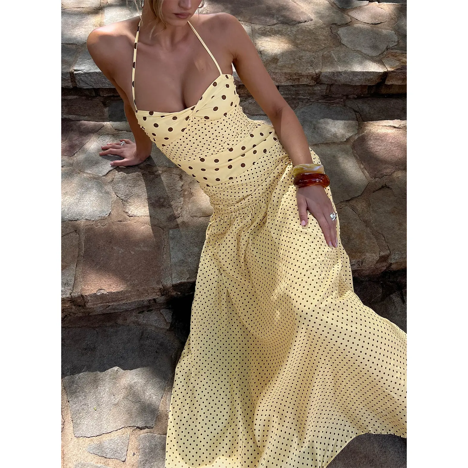 Marguerite Halter Maxi Dress Lemon / Brown Polka Dot