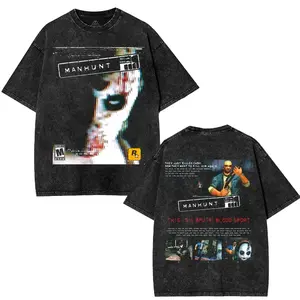 Manhunt PS2 Acid Washed Unisex T-Shirt - Retro Sweater Graphic Tee for Game Lovers, Double-Sided Printed RPG Merch, Soft Cotton Streetwear Gamer Top for Men and Women