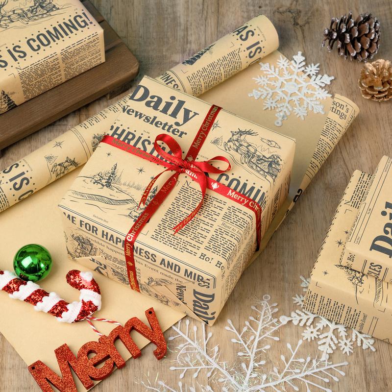 RUSPEPA Vintage Newspaper Christmas Wrapping Paper Roll Mini 17x16.4 Ft with Tree & Festive Design Kraft Gift Wrap for Holiday Party
