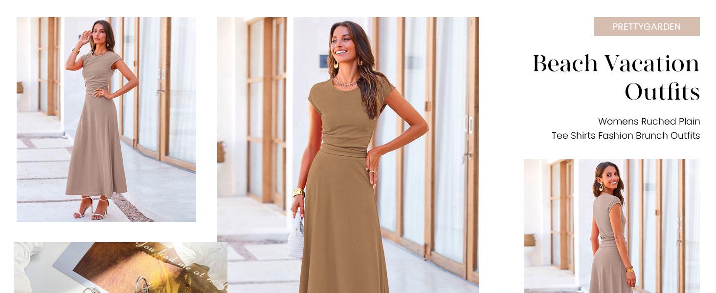 PrettyGarden Women's 2-Piece Ribbed Knit Short Sleeve Crop Top High Waist Midi Skirt Set Summer Outfits#springtok PrettyGarden Women's 2-Piece Ribbed Knit Short Sleeve Crop Top High Waist Midi Skirt Set Summer Outfits#springtok