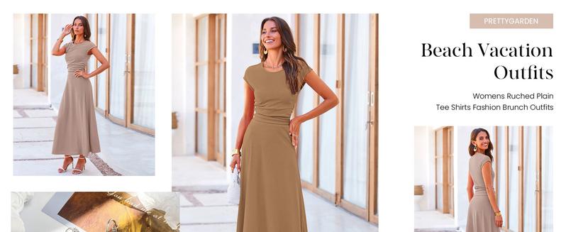 PrettyGarden Women's 2-Piece Ribbed Knit Short Sleeve Crop Top High Waist Midi Skirt Set Summer Outfits#springtok