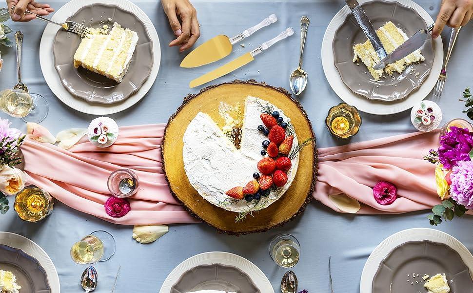 Cake Knife and Server Set, Cake Cutter and Pie Spatula, Gold Blade and Faux Crystal Handle Wedding Cake Cutting Set, Stainless Steel Gold Knife Set for Party, Birthday, and Anniversary