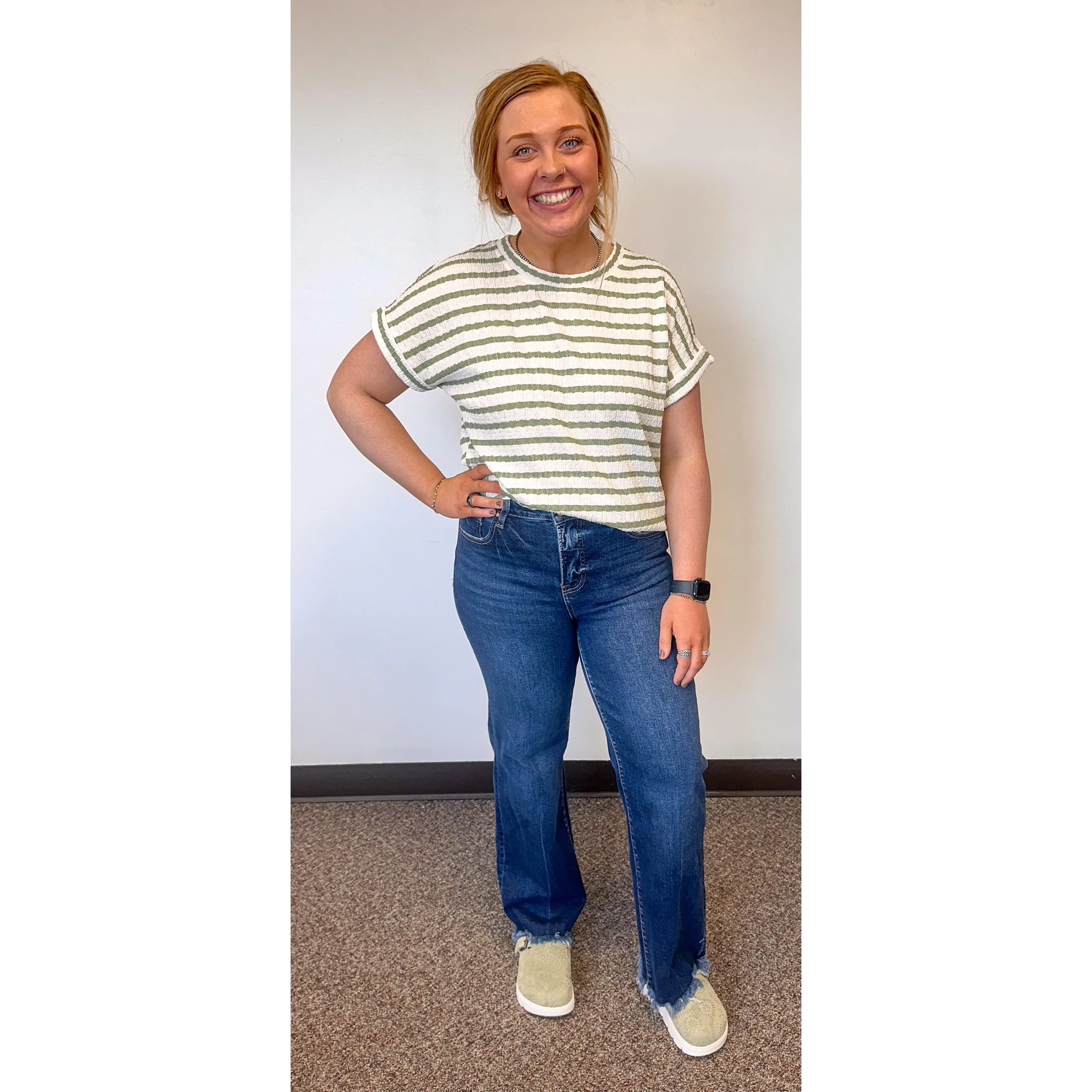 Women's Fitted Striped 10"-Rise Denim Pants, Cotton-Spandex Casual Bottoms, Rise 10", Casual Wear, Stretch Waist, Jeans, Mid Waist, Expandable, Elastane, Full Length, Tummy Control, Cotton Blend, Flex Jeans, Striped Look, Lady, Denim Pattern Jeans