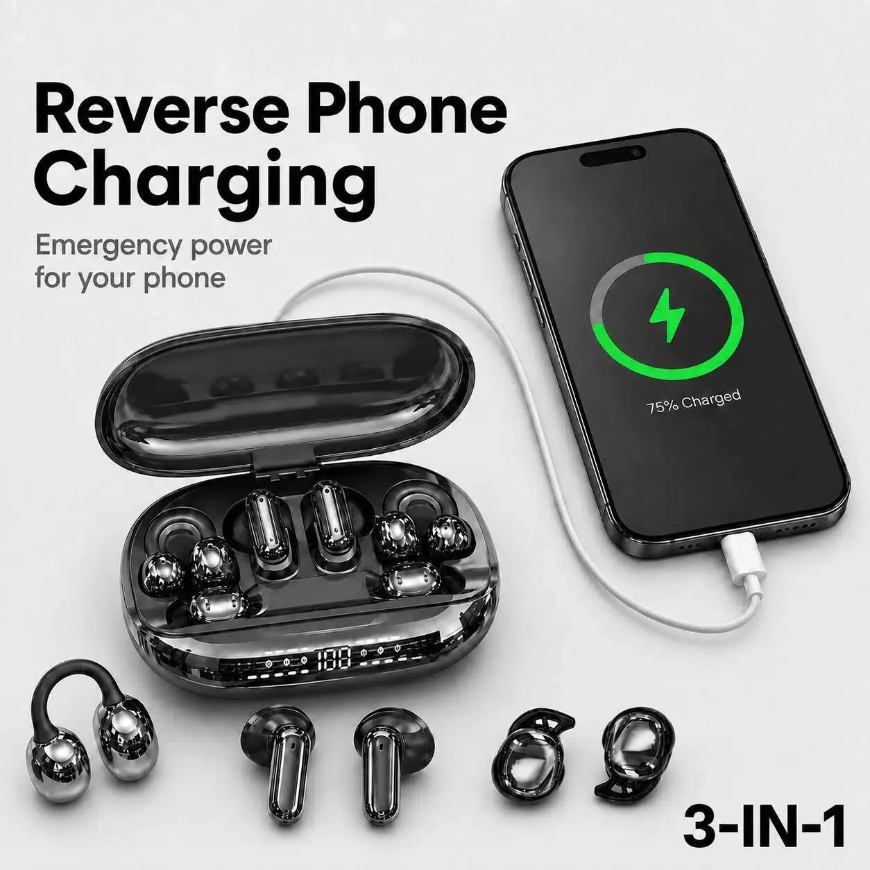 3-in-1 Black-GT699S Wireless Earbuds with Power Bank Charging Case - In-Ear, Clip-On, Sleep Styles, Reverse Phone Charging, Bluetooth 6.0, Long Battery, Stereo Sound, Compatible with Android & iOS (Sports, Daily Use)
