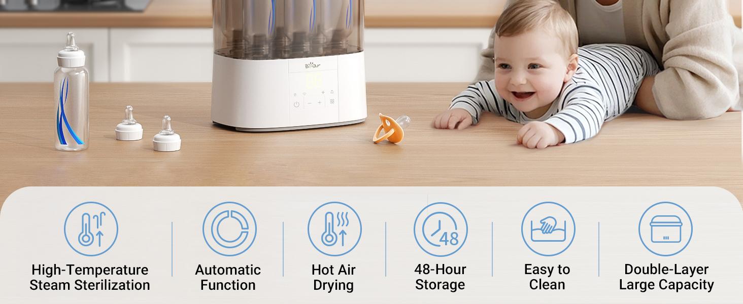 Bear Bottle Sterilizer and Dryer, 2 Layers Large Electric Steam Baby Bottle Sterilizer, Fast Bottle Sanitizer and Dryer for All Bottles & Accessories, Time-Saving Design