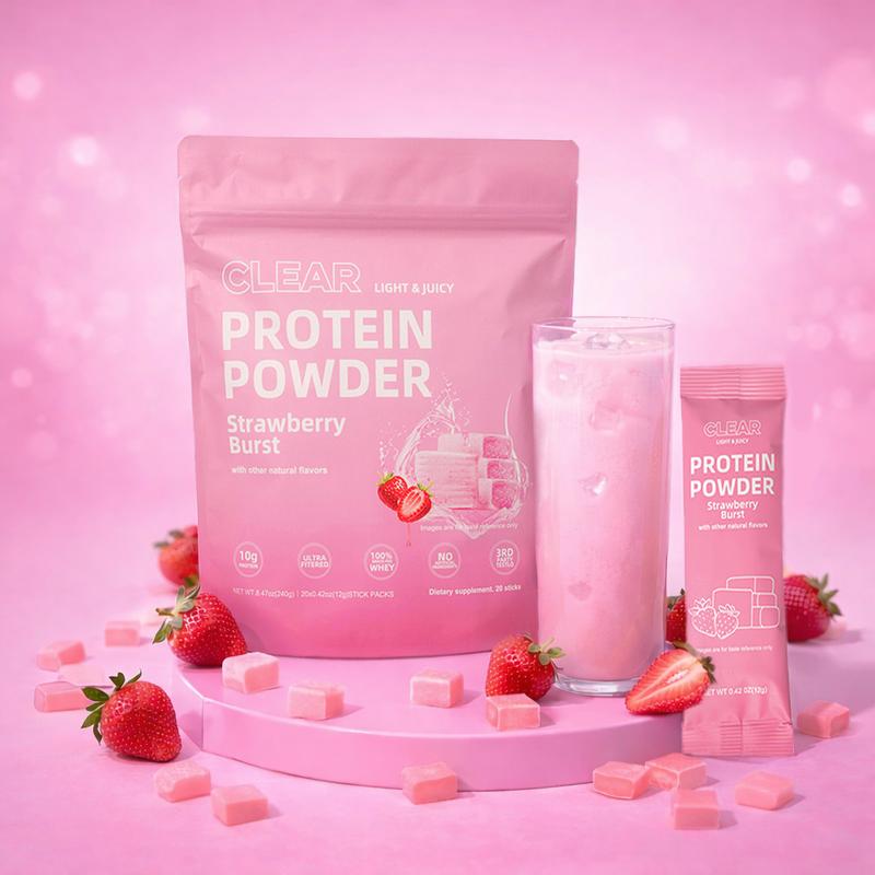 Clear Protein Powder: Strawberry Burst 10g Ultra Filtered Natural Flavor Grass Fed Whey Isolate Fast Absorbing Muscle Growth Recovery 20 Packets