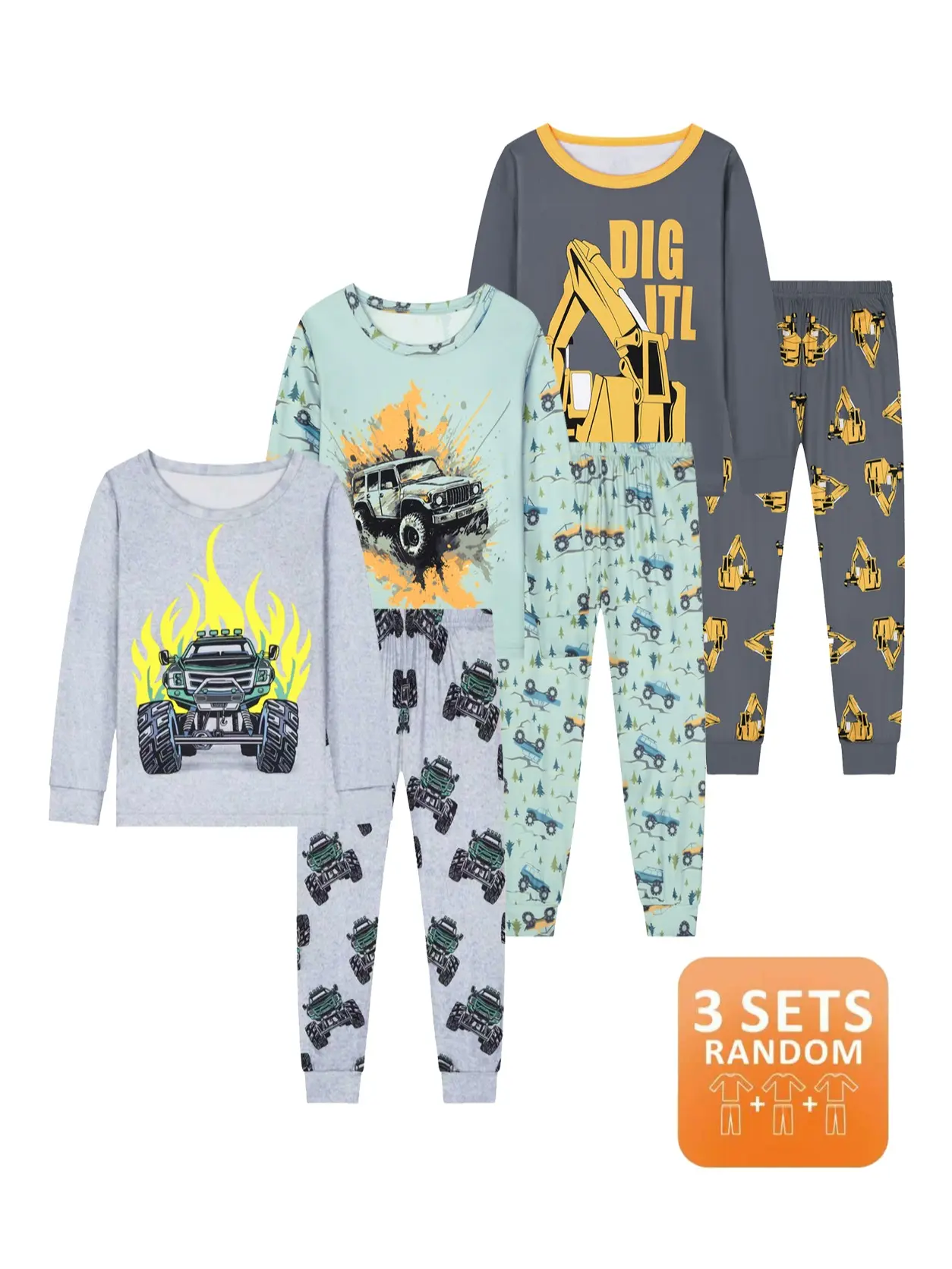 Toddler Boys' Polyester Soft Knit Crewneck Sleepwear Set - 3/6-Piece Cartoon Monster Truck Excavator Theme Toddler Pjs, Long Sleeve Shirt & Pants, Cozy Fall Bedtime Sleepwear