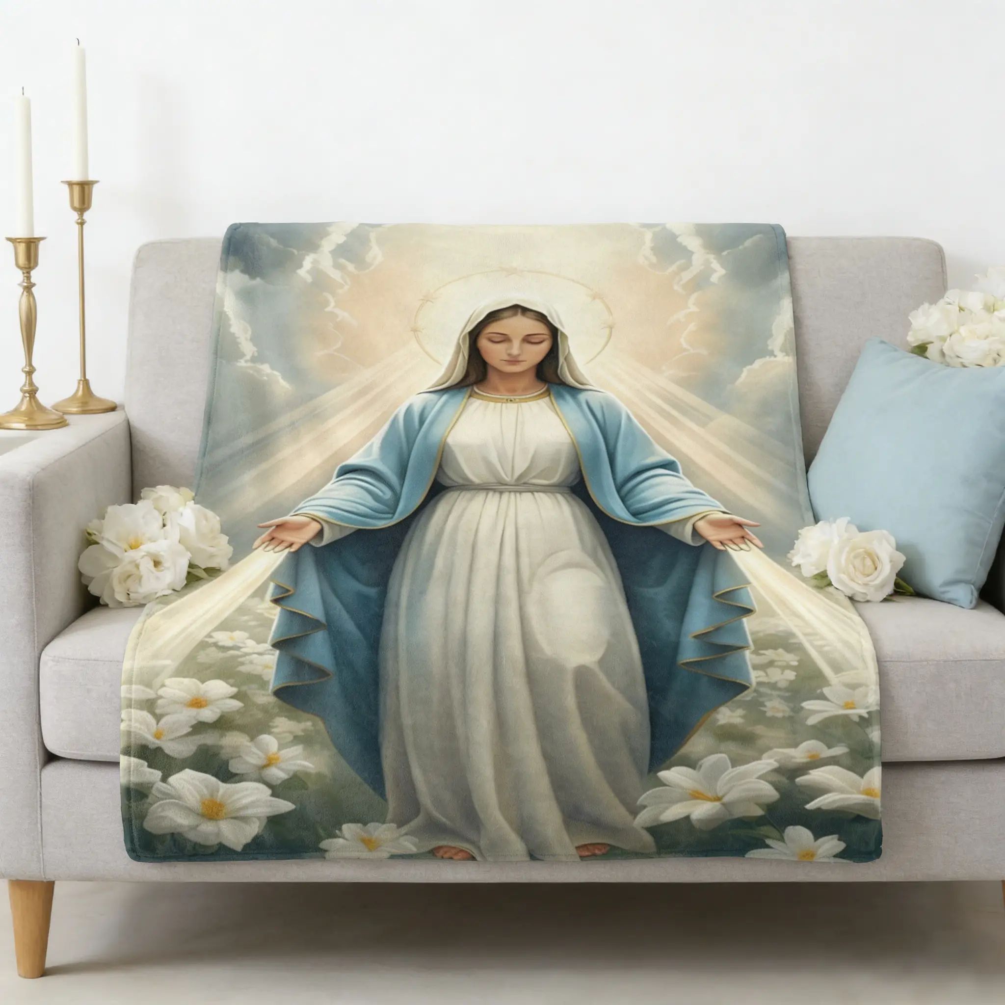 Blessed Virgin Mary Miraculous Grace Catholic Christian Gift Soft Cozy Flannel Blanket Heavenly Light White Lily Religious Print Plush Throw Warm Fuzzy Bedroom Sofa Blanket Perfect Faith Gift for Women Mom Grandma Birthday Holiday Home Decor, Blankets For
