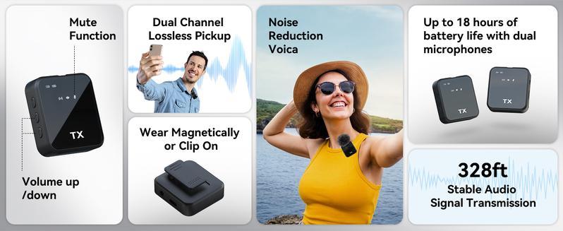 3 in 1 Microphone for iPhone/Android/Camera, 2-Pack Wireless Lavalier MicrophoneWireless Lavalier Microphone, 328ft Transmission, 18H Battery Life, Mini Microphone for Record Interview, Vlogs, YouTube, Tiktok Smartphone Audio