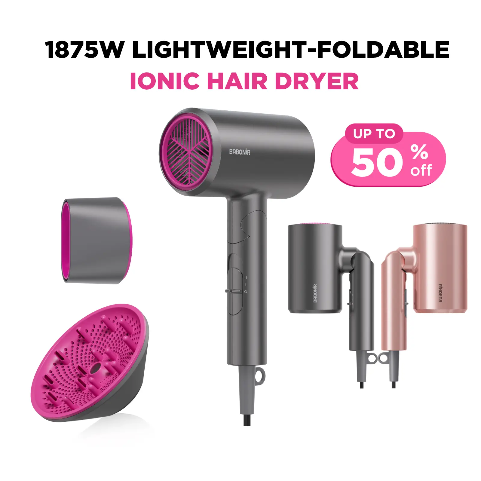 BABONIR 1875W Ionic Hair Dryer Blower - Quick-Dry, Frizz Reduction, Concentrator & Diffuser Accessories, Lightweight Quiet Foldable Travel Compact Design, Adaptable to All Hairstyles, for Women, Holiday Gift (Grey, Pink), Diffuser Hair Dryer, Blow Dryer