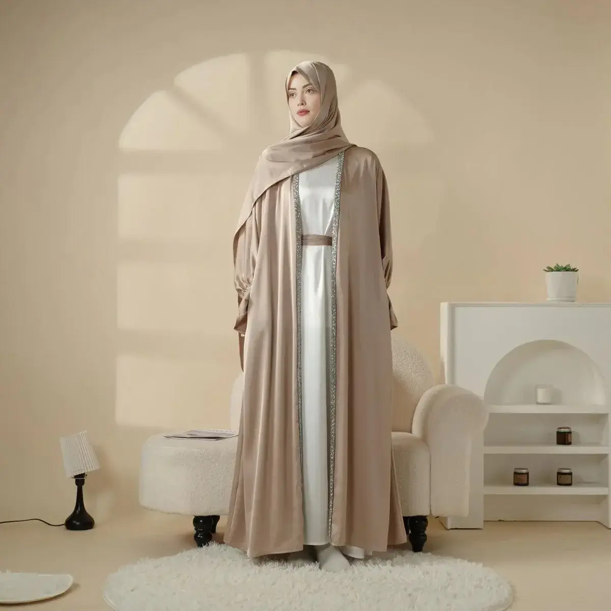 Women's Satin 4-Piece Traditional Abaya Set - Modest Muslim Outfits, Long Poet Sleeves with Poetsleeve Drama, Gem Details, Inner Dress, Hijab, Belt, Slightly Transparent, Open Abaya Drapes Gracefully, for Formal Events, Spring Islamic Wear
