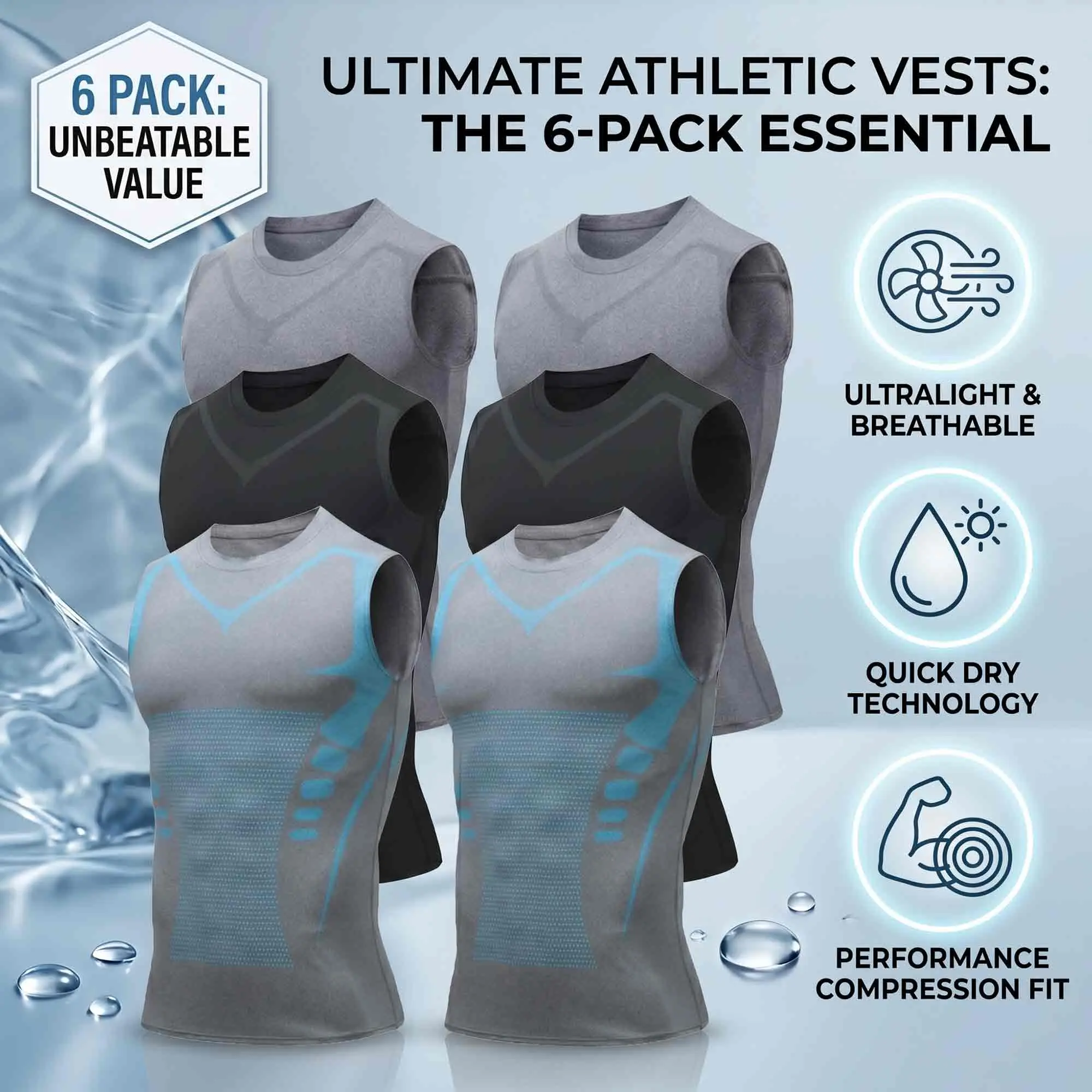 Men's 6-Piece High-Performance Compression Tank Top Set - Breathable, Quick-Drying, Moisture-Wicking, Round-Neck Shaping - For Weekly Rotation, Indoor Training, Outdoor Sports