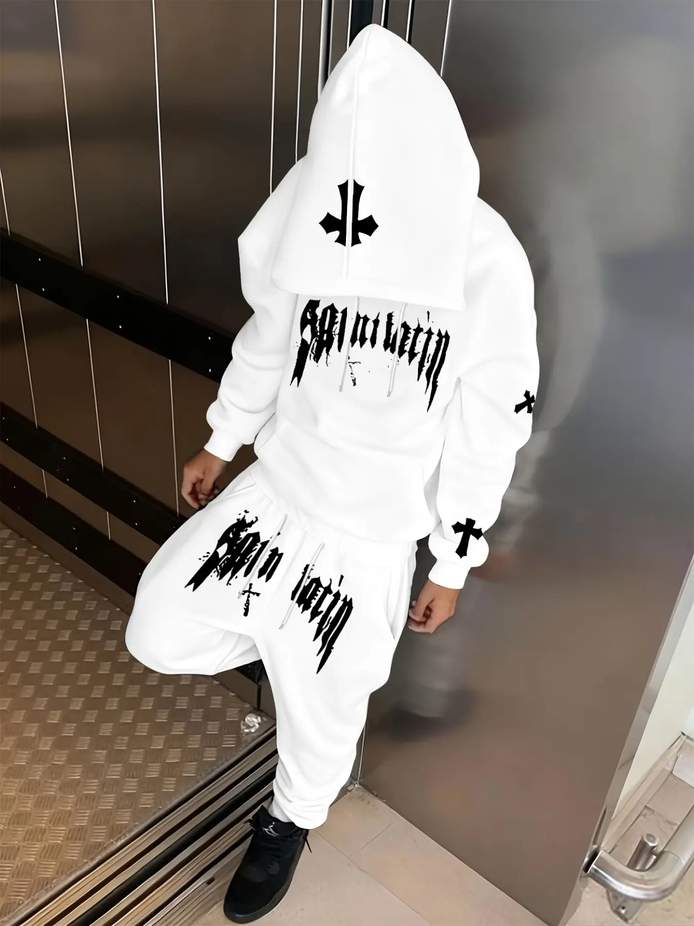 Men's Oversized Hoodie & High Waist Jogger Set, 2-Piece Gothic Graphic Sweatsuit with Bold Font & Cross Prints, Soft Streetwear Outfit for Casual Outings & Everyday Wear, Loose Fit and Easy to Style