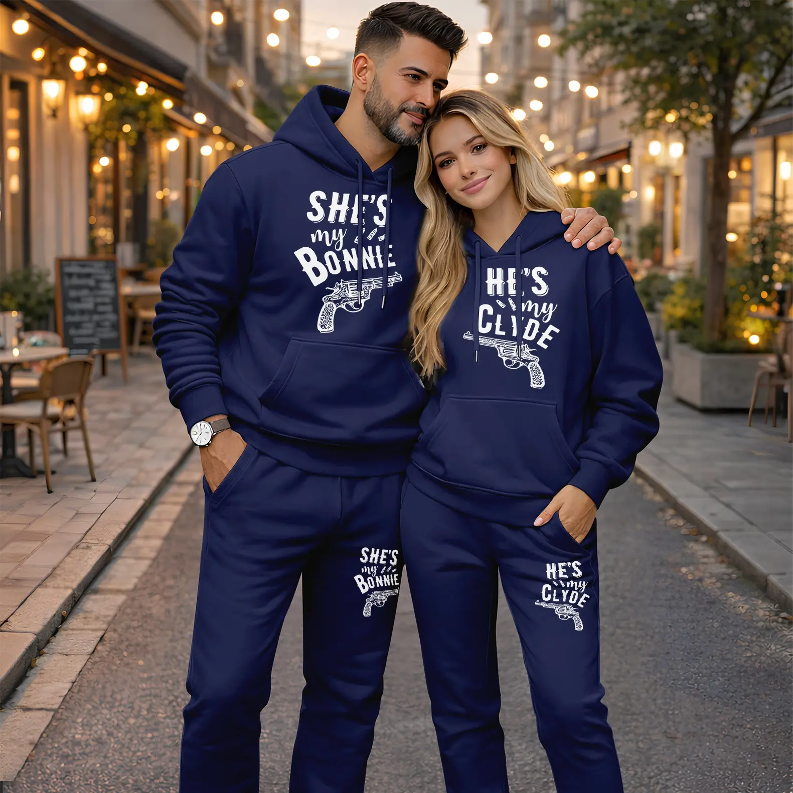 Couple's Tracksuit Set, 2-Piece "Bonnie & Clyde" Graphic Print Hoodie & Sweatpants, Casual Long Sleeve Polyester Outfit, Couple Graphic Pants & Top Sets, Menswear, Drawstring, 2 Piece Pants & Top Sets