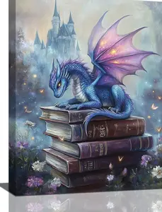 Olivine Dragon Wall Art, Dragon Book Pictures Wall Decor, Book Painting, Blue Canvas Prints, Artwork for Bathroom Bedroom Living Room Library Office Home Decoration Frameless Poster 0