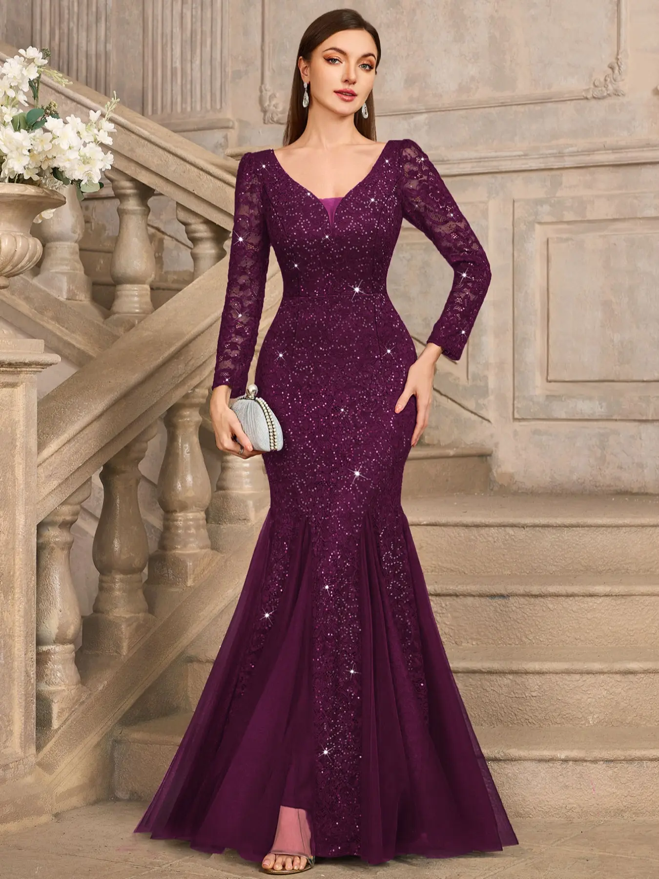 MIUSOL 24459A Sequin Floral Lace Deep V-Neck Long Sleeve Mesh Tulle Maxi Mermaid Hem Evening Cocktail Party Dress, Wedding Guest Dress, Formal Dress, Formal Wear, Gown, Elegant Classy Chic Women